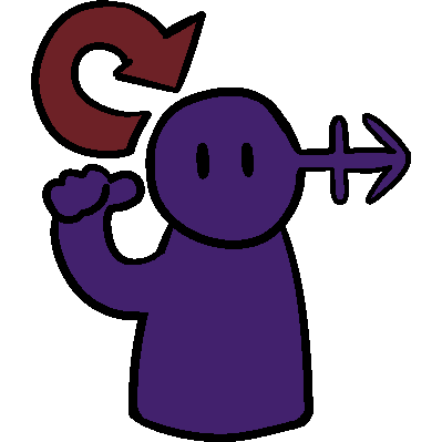 A purple figure with the androgynous symbol arrow on its head pointing to themself with a red arrow coming from and pointing to them.